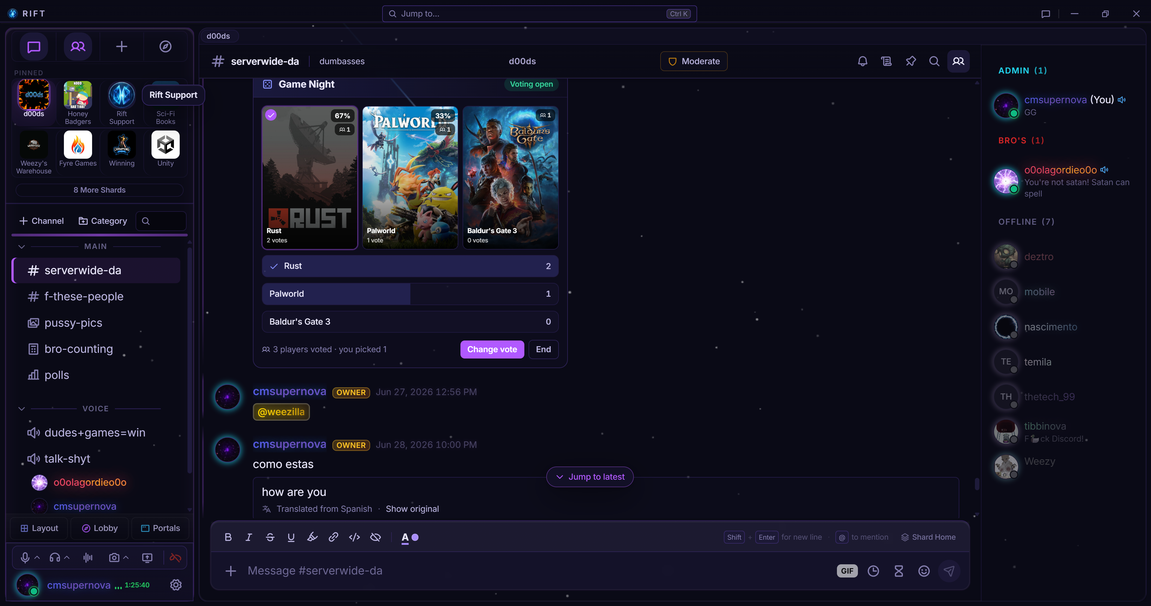One of Rift's built-in themes with an Atmosphere effect layered over the workspace