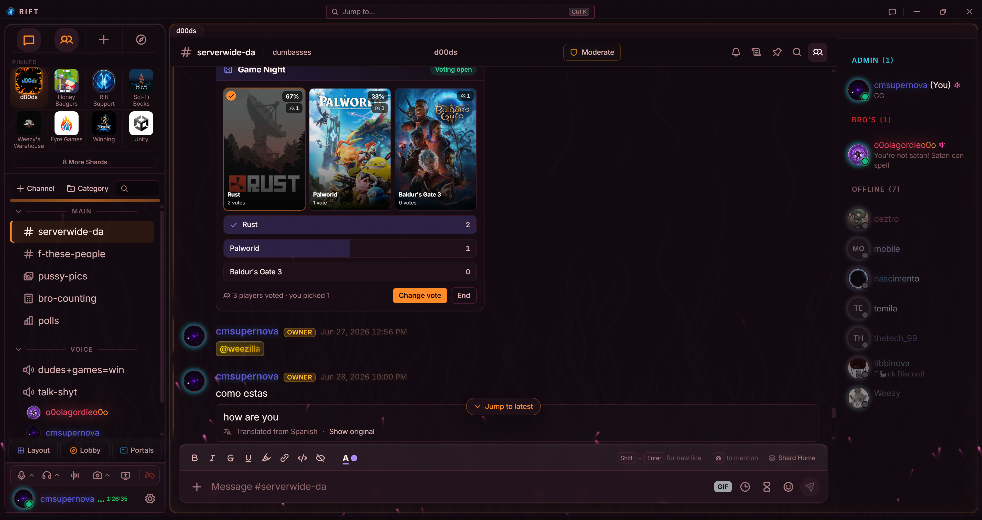 One of Rift's built-in themes with an Atmosphere effect layered over the workspace