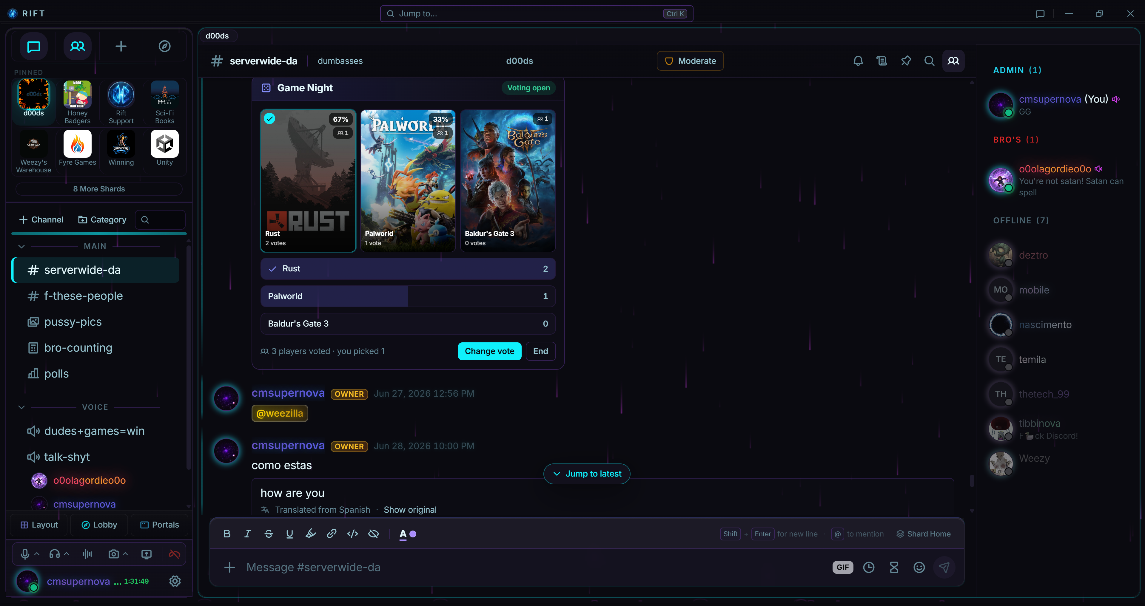 One of Rift's built-in themes with an Atmosphere effect layered over the workspace