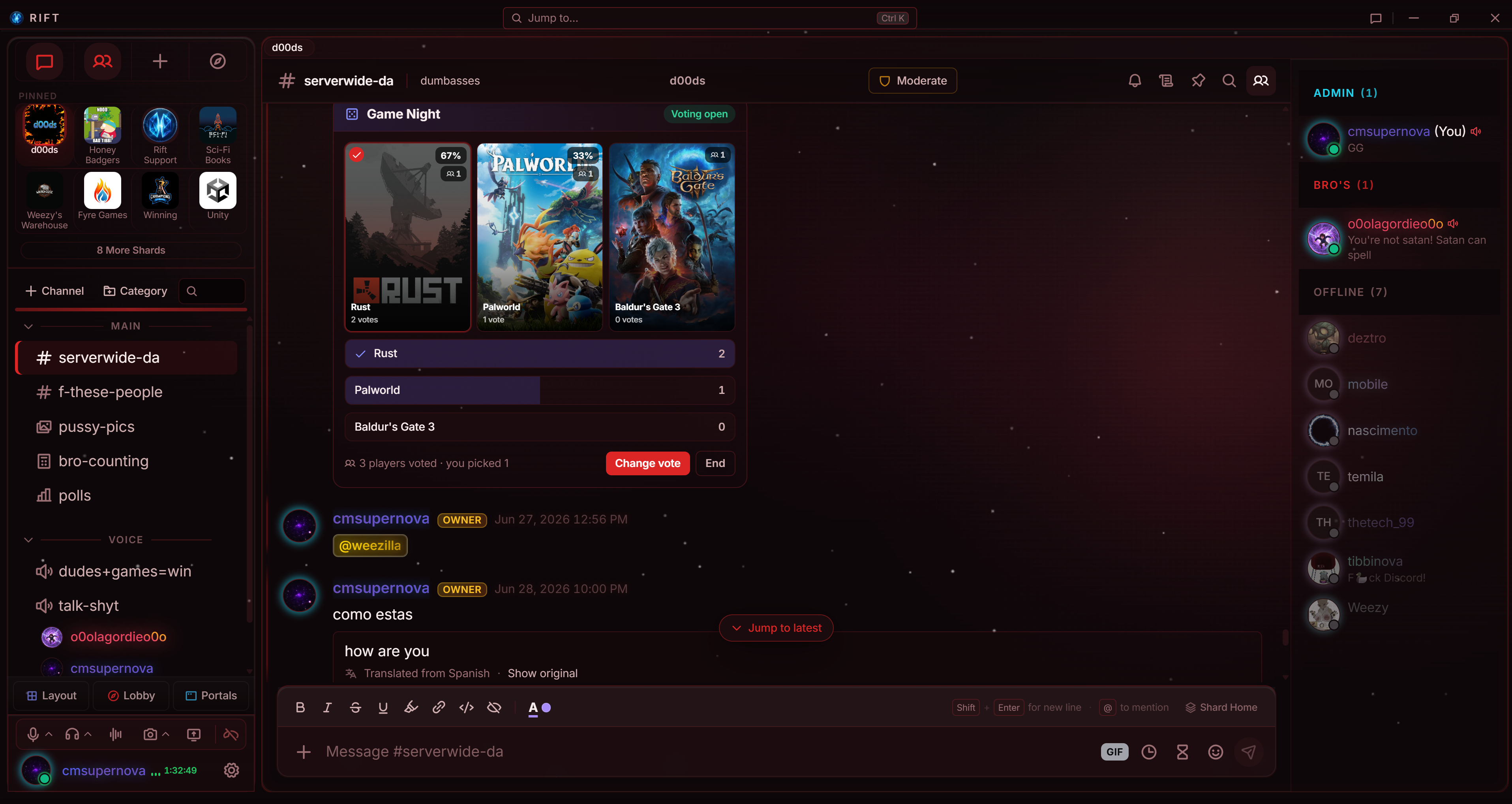 One of Rift's built-in themes with an Atmosphere effect layered over the workspace