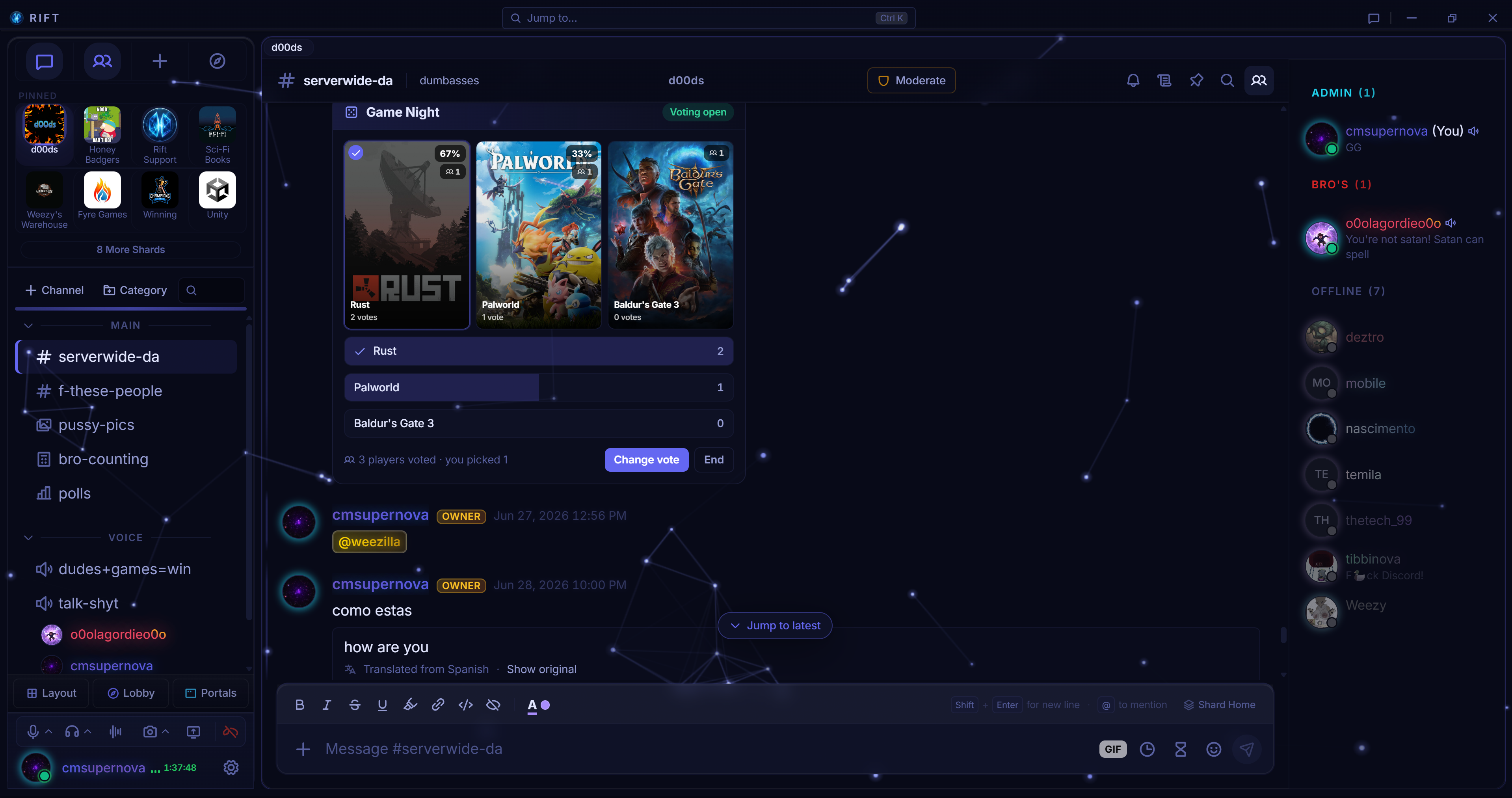 One of Rift's built-in themes with an Atmosphere effect layered over the workspace
