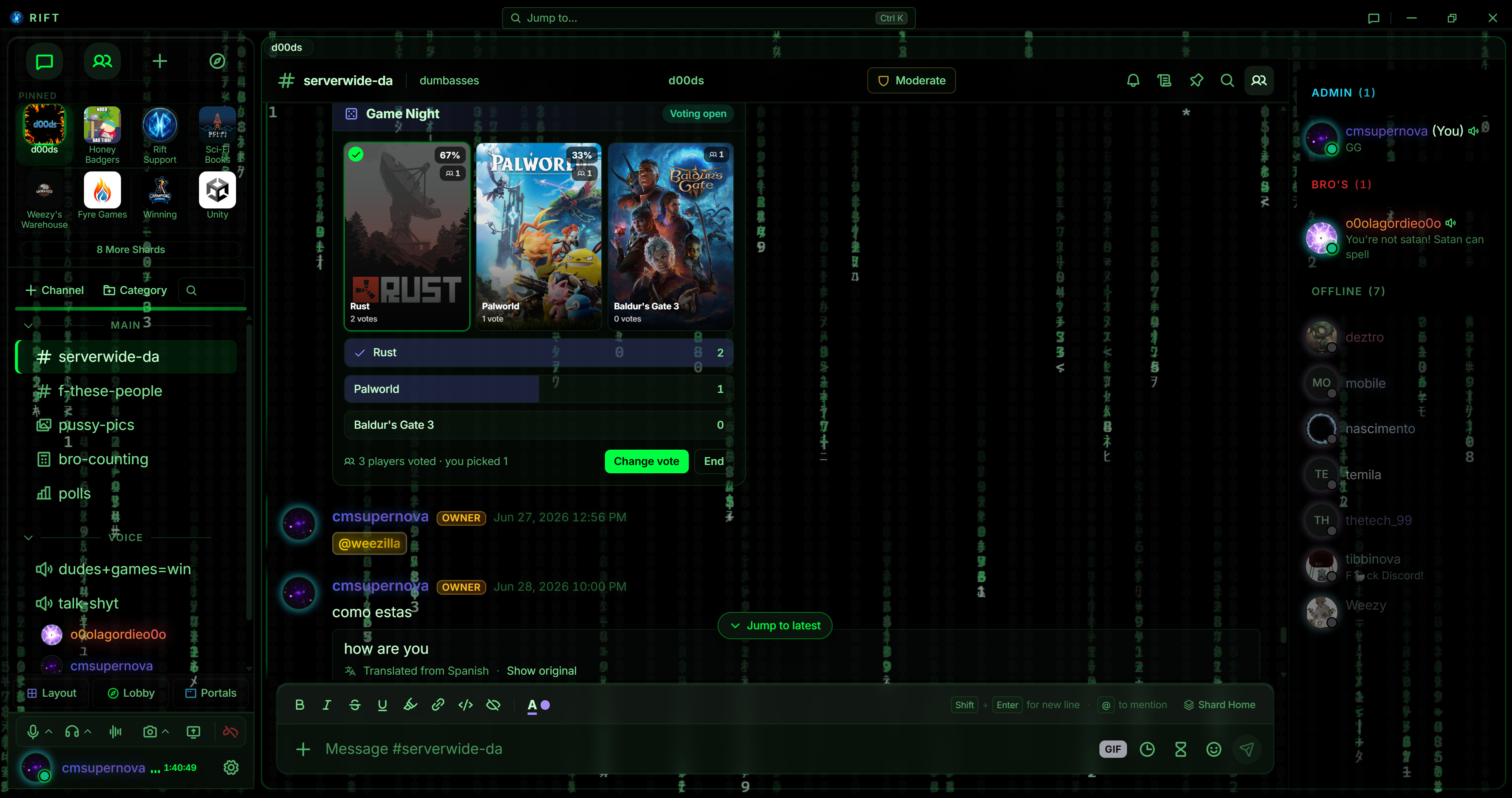 One of Rift's built-in themes with an Atmosphere effect layered over the workspace