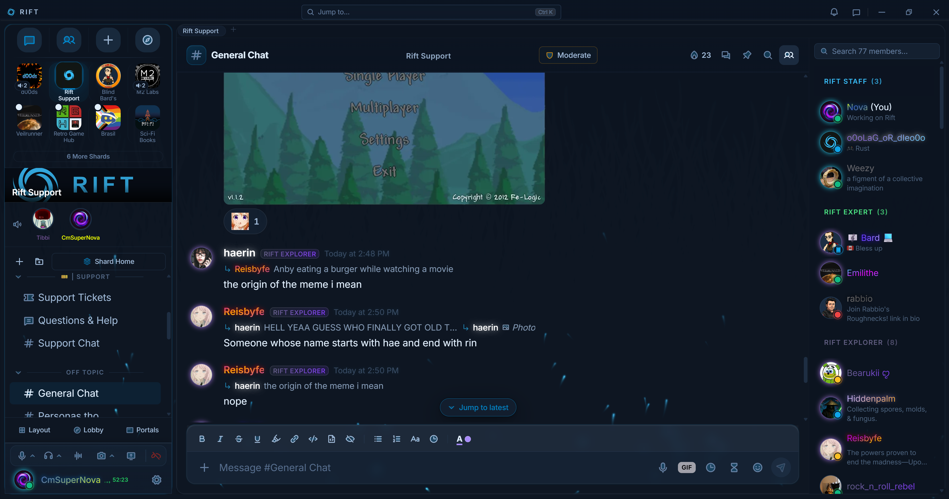 Rift Essentials: streamlined chat with channels and member list.