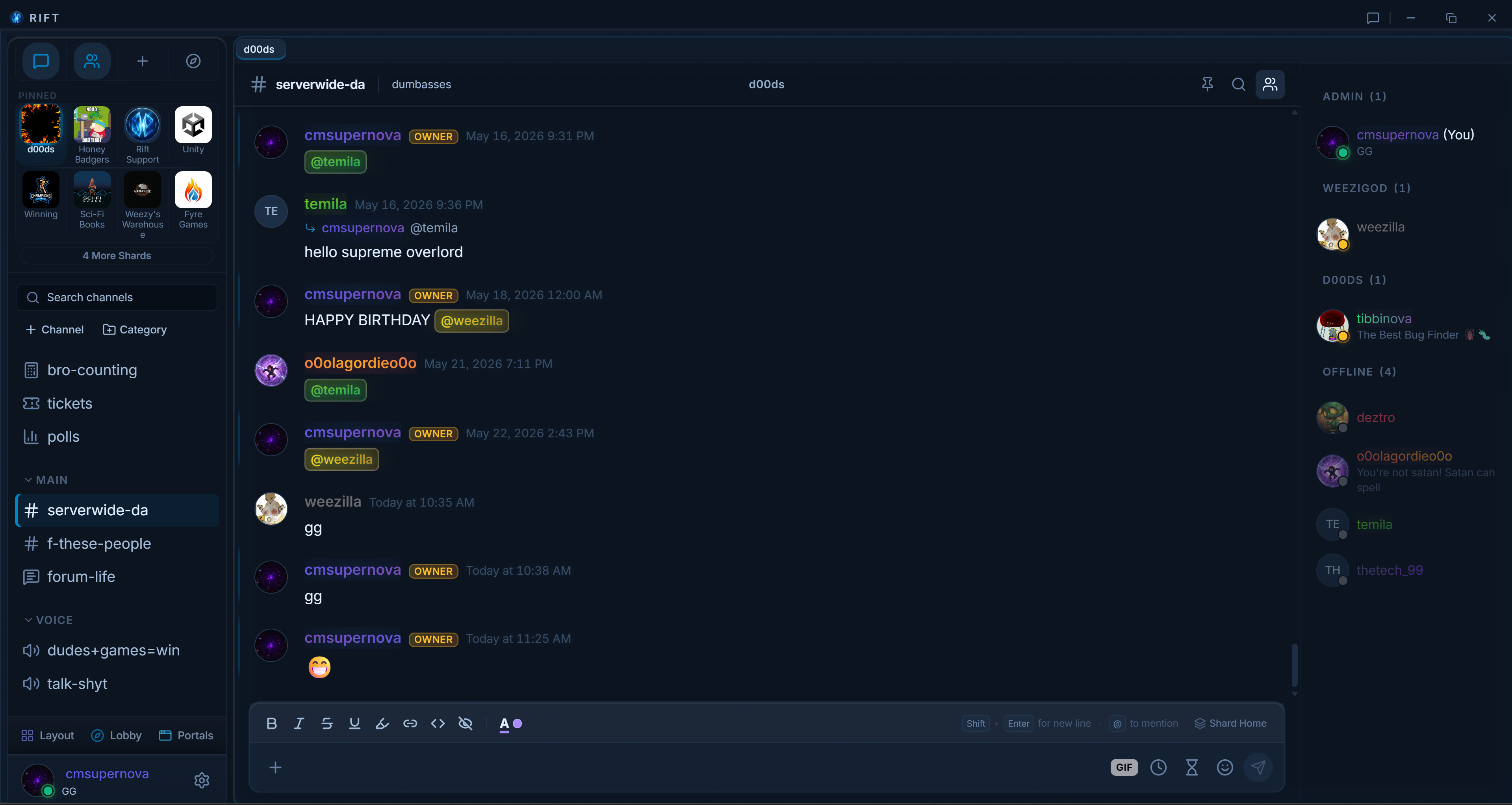 Rift Essentials: streamlined chat with channels and member list.
